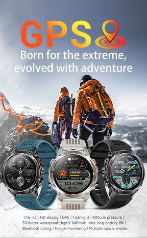 Smartwatches with blue, grey and black bands below two roped mountaineers on a snowy ridge