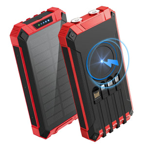 Red solar power bank, solar panel side and back with wireless pad and four fold-in cables