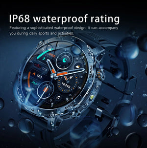 Watch with black strap and analog-style face surrounded by water droplets on a dark blue background