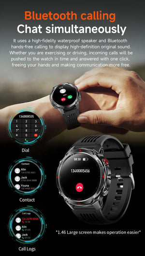 Wrist wearing a black smartwatch with an incoming call, plus dial pad, contacts and call log screens