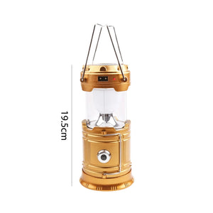 Gold collapsible lantern pulled open with a 19.5 cm height mark, no fan shown