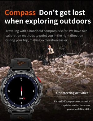Black smartwatch on black band showing compass screen, with a woman running on a rocky hillside