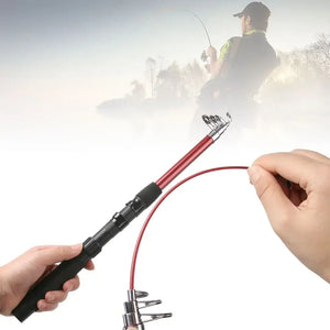 Angler fishing and a hand bending a red fiberglass telescopic rod