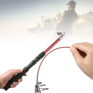 Angler on the water and a red fiberglass telescopic rod bending in hand