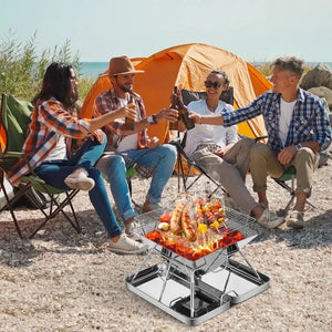 Friends at camp around the TrailBlaze grill with food cooking