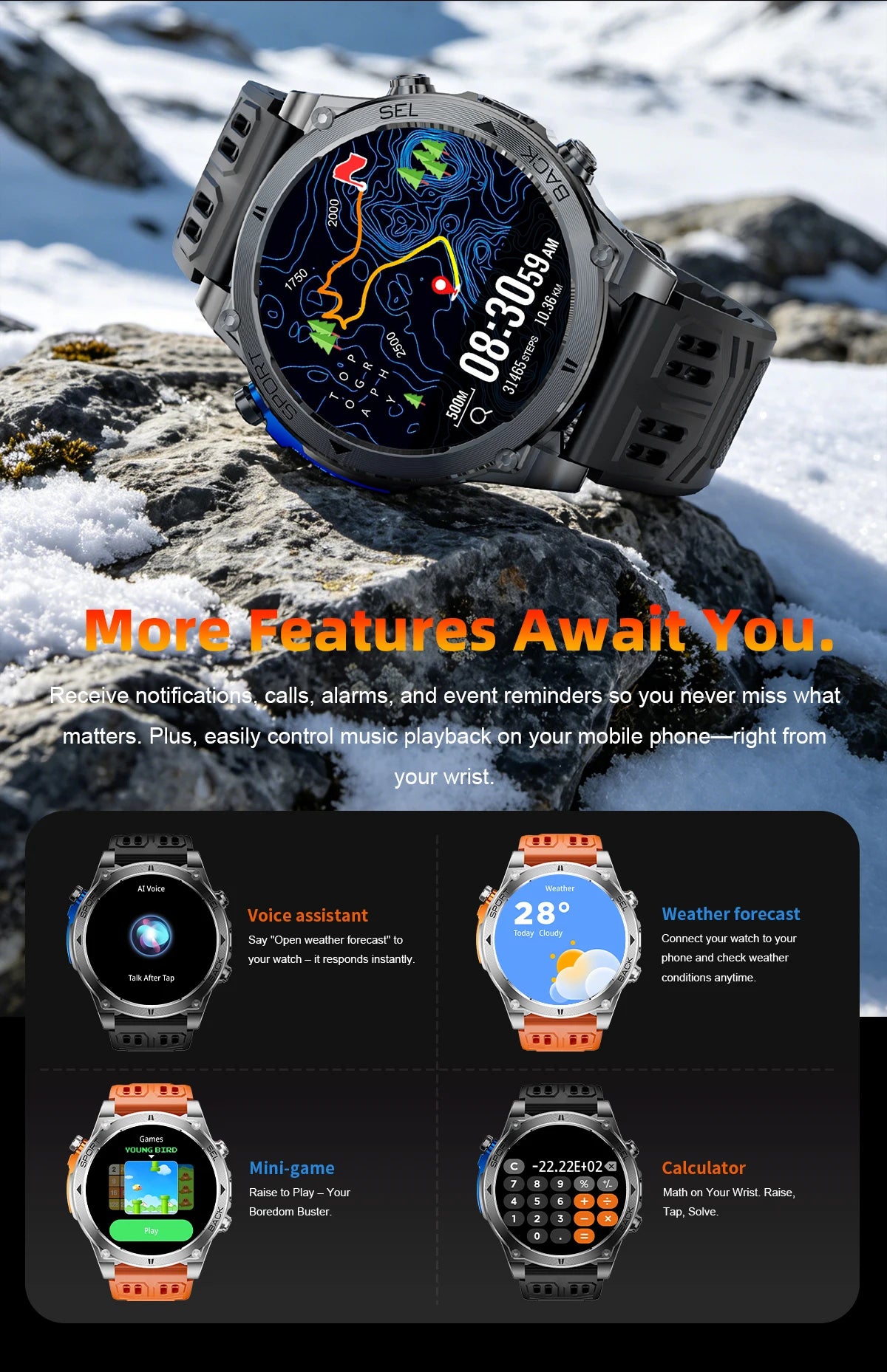 Hiker checking the topo map screen on the RidgeTrack watch with silver bezel and black strap at golden hour