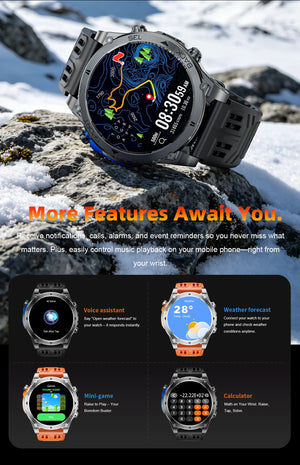 Black watch with topo map face on snowy rock; voice assistant, weather, game and calculator screens below