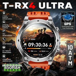 Outdoor GPS smart watch, silver case, orange silicone band, hiker watch face, mountain sunset backdrop