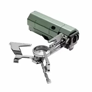 Green AdventureChef stove with its three pot arms and burner folded out
