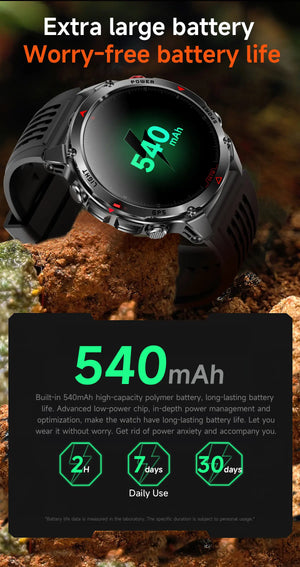 Black smartwatch on rocky ground showing a 540mAh battery graphic with battery life icons