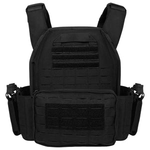 Back of the black Artex vest with laser-cut MOLLE and a hook-and-loop panel