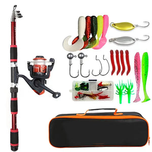 Red telescopic fishing kit with spinning reel, soft baits, spoons and carry bag