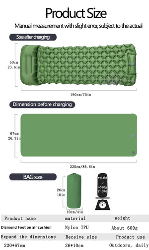 Size chart: 1 person pad 75 x 23.6 in, packs to 10 x 4 in, about 1.3 lb