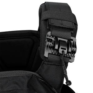 Close-up of the quick-release buckle on the Artex vest shoulder strap