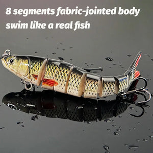 Jointed swimbait with 8 segments on a wet dark surface