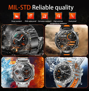 Four panels of the watch on steel bracelets and silicone straps shown with rocks, sand, ice and water