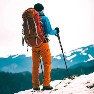 Hiker with a red backpack on a snowy ridge, leaning on a black trekking pole