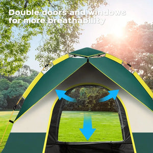 Dark green tent front door open with breeze flowing through
