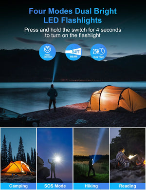 Person with a lit flashlight by a tent at night, with 164 ft beam and 25 h run time icons