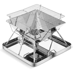 TrailBlaze folding stainless steel campfire grill set up on its steel base tray