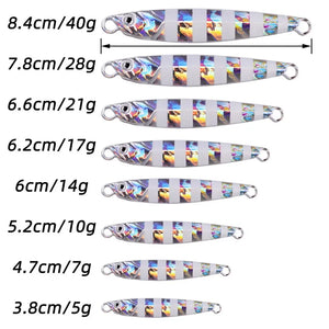 Metal jig size chart from 3.8 cm 5 g to 8.4 cm 40 g