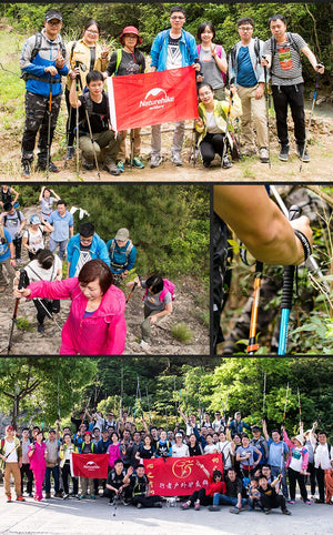 Group photos of hikers holding trekking poles on a trail and at a meetup
