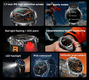 Six-panel collage of the watch: display, sport menu, red side light, wrist use, water drops, battery