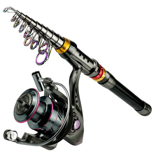 Telescopic carbon fiber rod with spinning reel, mirrored side view