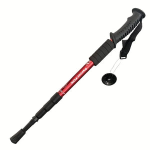 Red RidgeWalk trekking pole folded short, with grip, foam, wrist strap and small basket