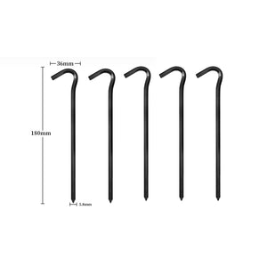 Five black hook tent stakes, 180 mm long