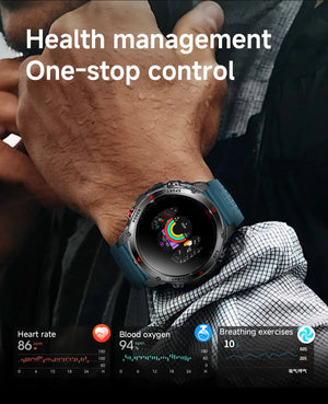 Blue-band smartwatch on a man's wrist with app-style data cards across the bottom