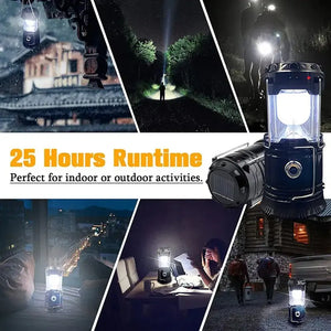 Black lantern with a printed 25 hours runtime claim and indoor and outdoor scenes