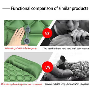 Built-in pump next to blowing by mouth; built-in pillow next to no pillow