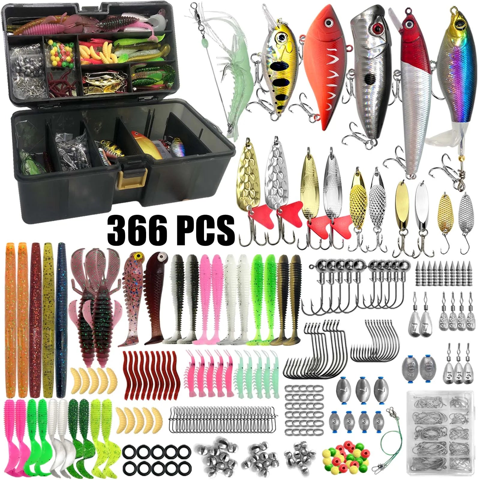 366-piece fishing lure kit with a two-layer tackle box, crankbaits, spoons, soft worms and hooks