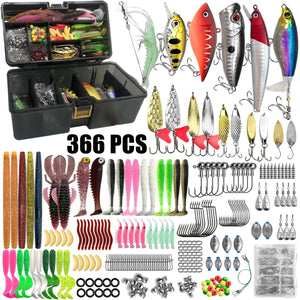 366-piece fishing lure kit with a two-layer tackle box, crankbaits, spoons, soft worms and hooks