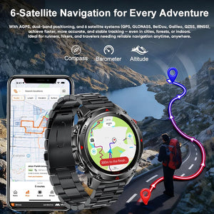 Black smartwatch on steel link bracelet showing a trail map beside a phone route app and a hiker on a mountain road