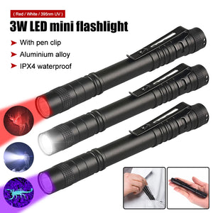 Three pen lights shown with red, white and UV beams; seller photo