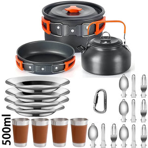 Orange 4-person set with 500 ml cups, plates and folding utensils
