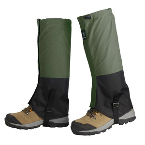 Olive green and black DriftPeak leg gaiters on hiking boots