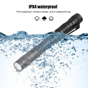 Pen light in a water splash with rain icons; IPX4 label
