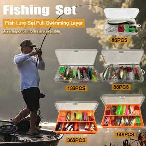 Angler casting from a boat, with the five lure kit sizes from 86 to 366 pieces