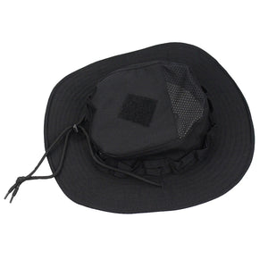 Black wide brim hat seen from above, with a mesh vent panel, patch spot and chin cord