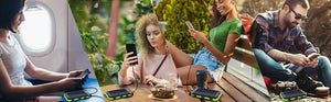 People charging phones from green TrailCell power banks on a plane, at a table, on a bench and outdoors