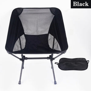 Black mesh moon chair front view with flat carry bag