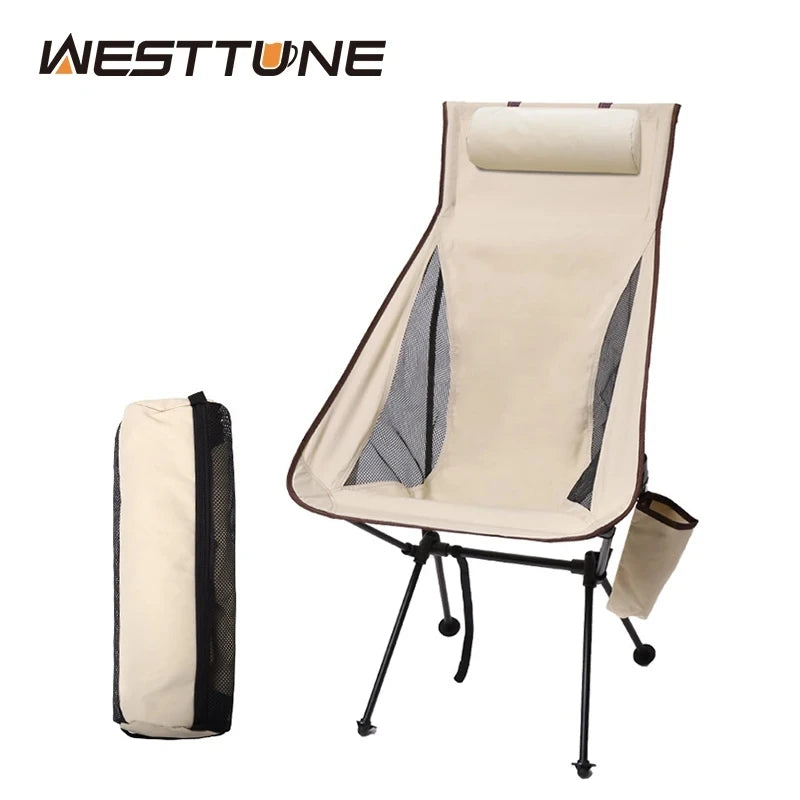 Beige high back camping chair with headrest and carry bag