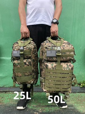 25L and 50L tactical backpacks side by side, held up to show the size difference