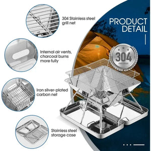 Grill parts: 304 stainless grill net, air vents, silver-plated charcoal net, steel storage case