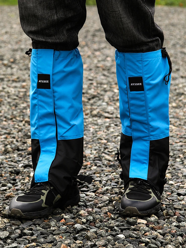 WeatherTrek Lite black gaiters on hiking boots, with neon green, blue and navy colors