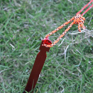 Red Y-beam stake in grass holding a cord loop