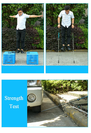 Strength test photos: a person standing on a pole between crates and a car tire on a pole